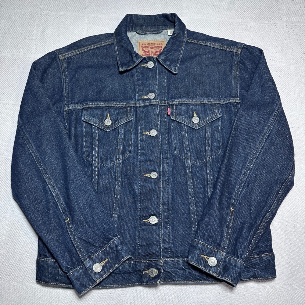 Levis Denim Ex-Boyfriend Trucker Jacket Womens Small Graphic Back Logo Dark Wash